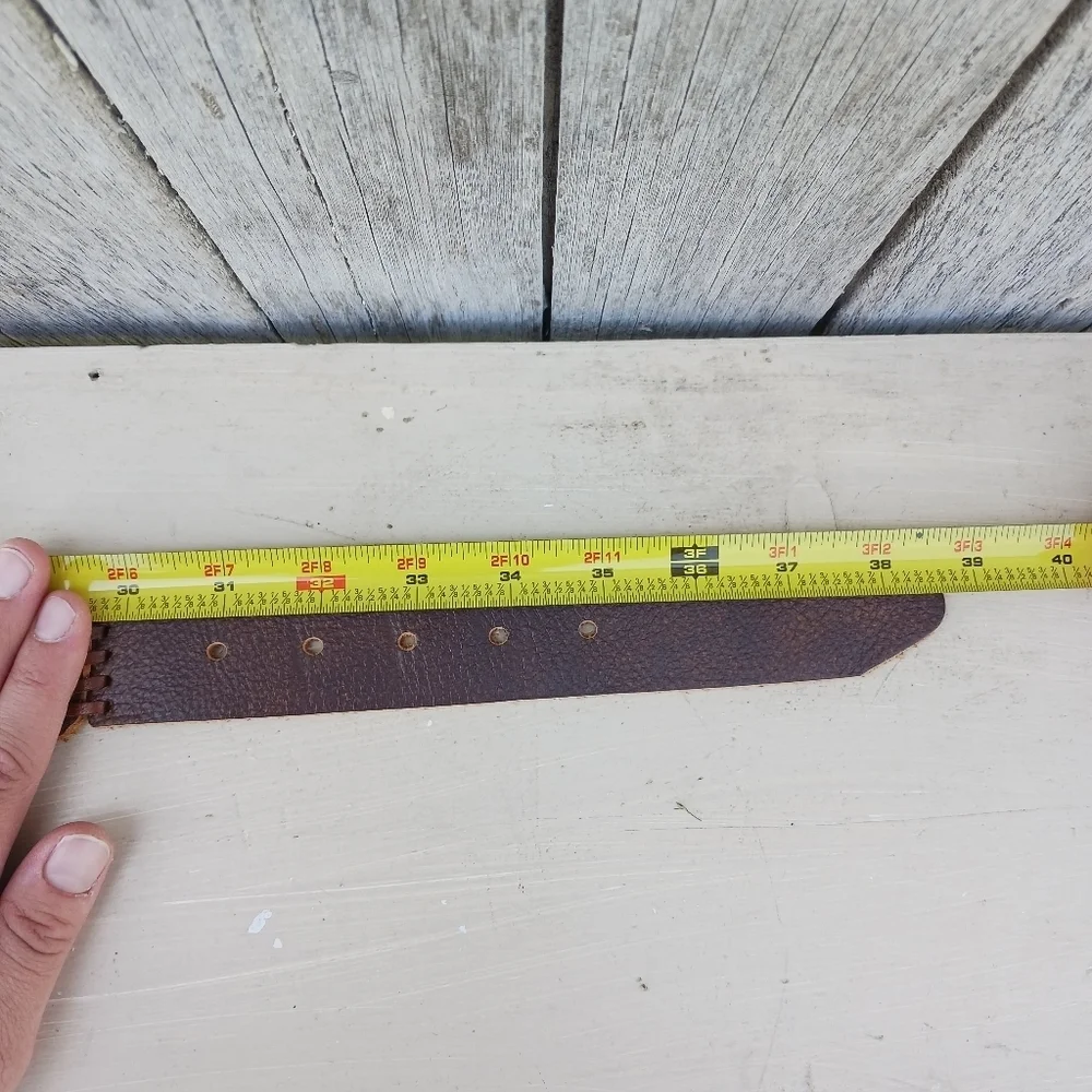 Vtg Whip Stitch Patchwork Brown Pebble Leather Belt White Brass Boho Western